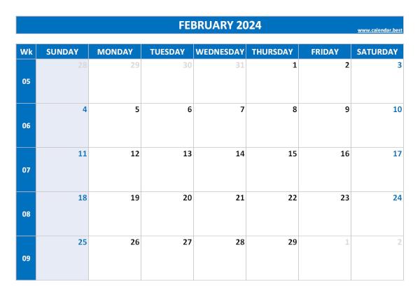 February 2024 calendar printable with week numbers, free download, blue template February calendar 2024 with week numbers