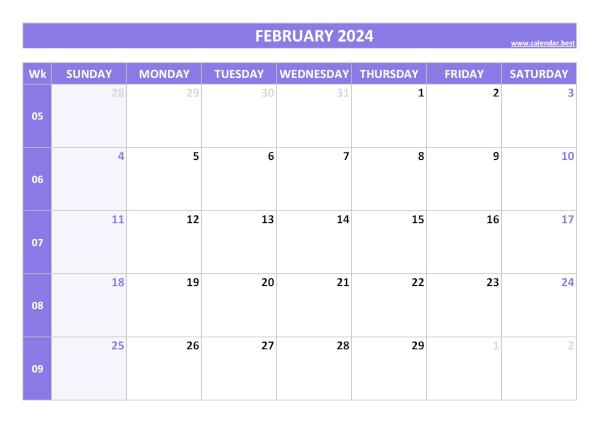 February calendar 2024 with week numbers