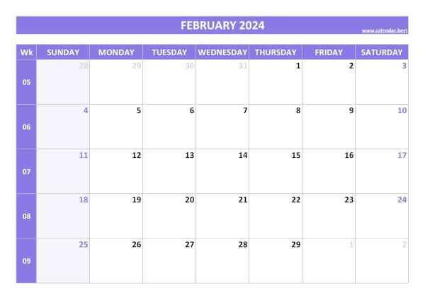 February 2024 calendar printable with week numbers, free download, purple template February calendar 2024 with week numbers