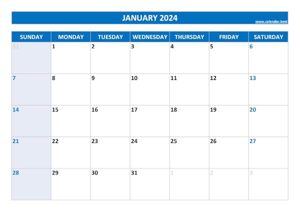 January 2024 calendar printable, free download, blue template January calendar 2024