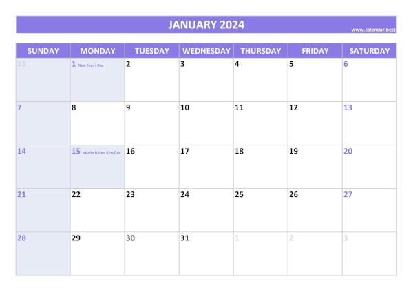 January calendar 2024 with holidays