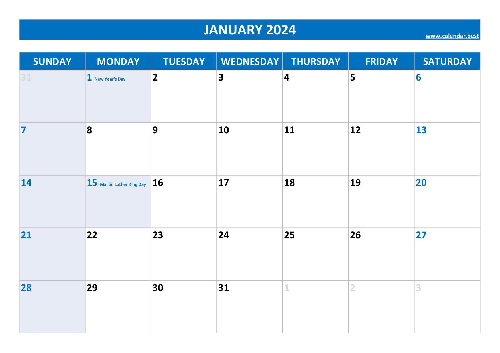 January 2024 Calendar With Martin Luther King Jr Holidays - At A Glance ...