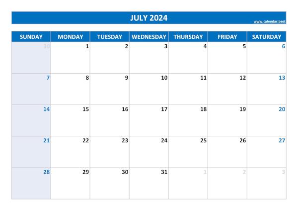 Blank monthly calendar : July 2024
