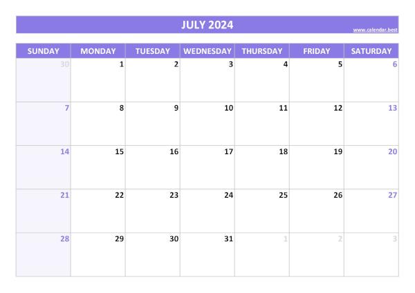July 2024 calendar printable, free download, purple template July calendar 2024