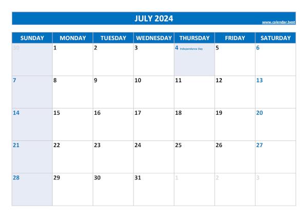 July 2024 calendar printable with federal holidays, free download, blue template July calendar 2024 with holidays