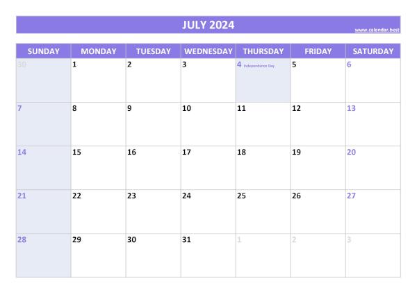 Printable monthly calendar with holidays, Month of July 2024, purple template July 2024 calendar with holidays