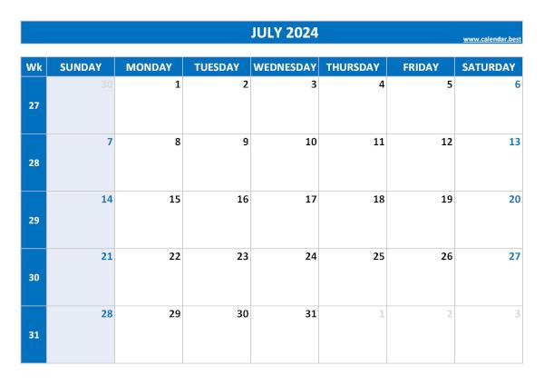 July 2024 calendar printable with week numbers, free download, blue template July calendar 2024 with week numbers