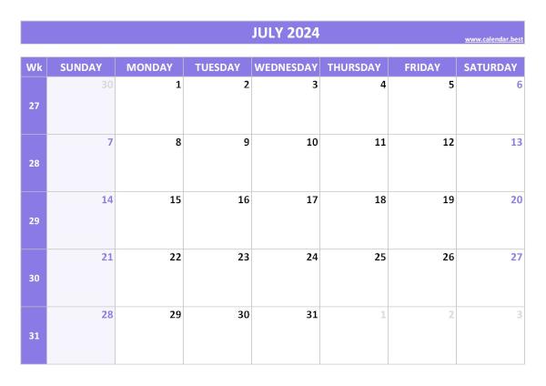July calendar 2024 with week numbers