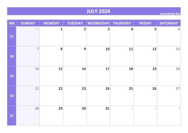 July 2024 calendar printable with week numbers, free download, purple template July calendar 2024 with week numbers