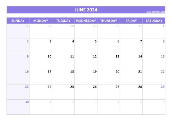 Blank monthly calendar : June 2024