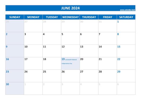 June calendar 2024 with holidays