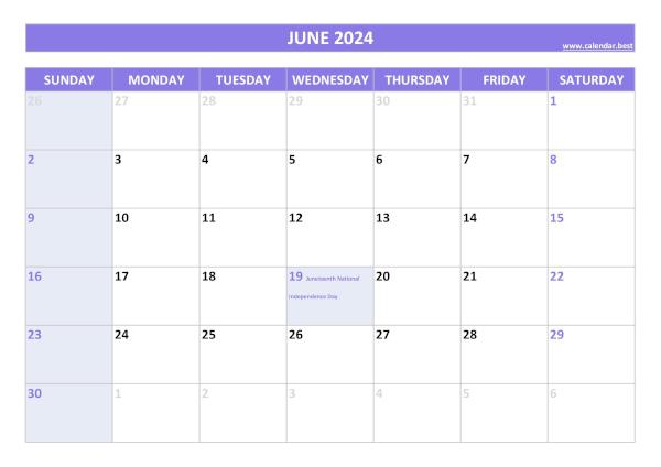 June 2024 calendar printable with federal holidays, free download, purple template June calendar 2024 with holidays