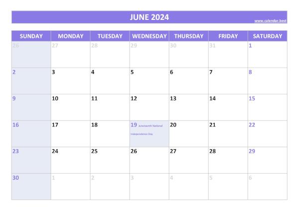 June calendar 2024 with holidays