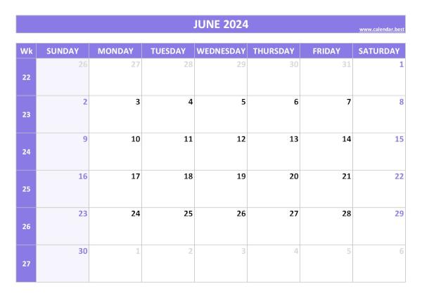 June 2024 calendar with weeks