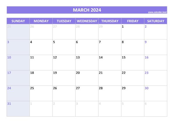 March calendar 2024 with holidays