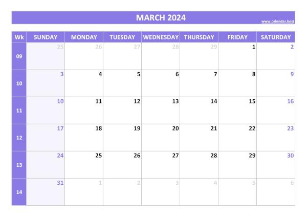 March calendar 2024 with week numbers
