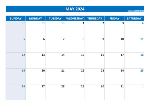 Blank monthly calendar : May 2024