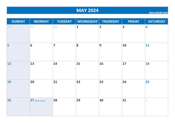 Printable monthly calendar with holidays, Month of May 2024, blue template May 2024 calendar with holidays