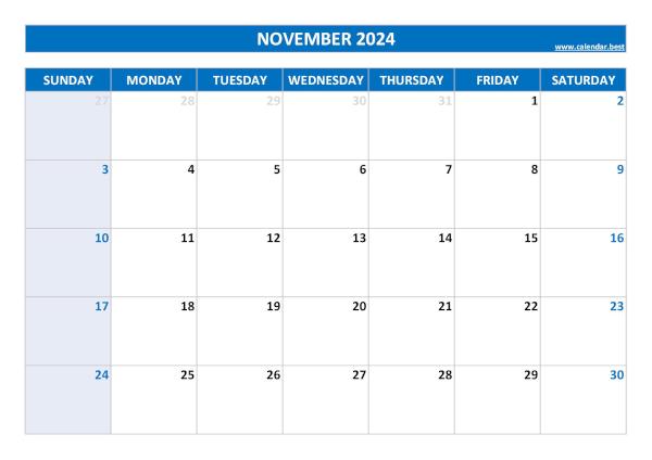 Blank monthly calendar : November 2024