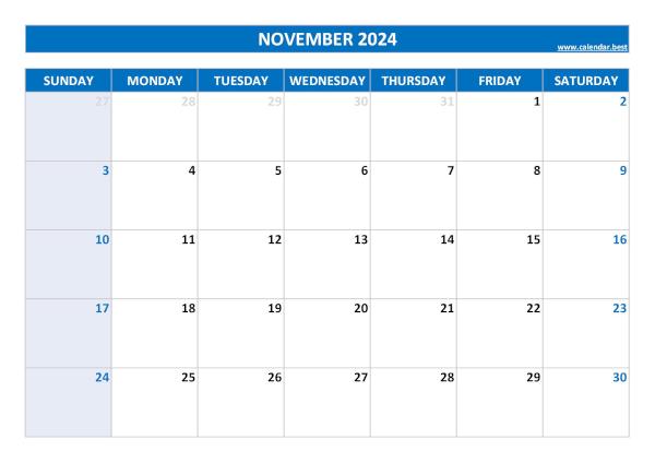 November 2024 calendar printable, free download, blue template November calendar 2024