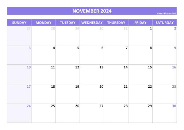 November 2024 calendar printable, free download, purple template November calendar 2024
