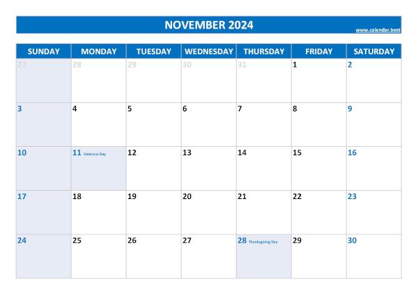 Printable monthly calendar with holidays, Month of November 2024, blue template November 2024 calendar with holidays