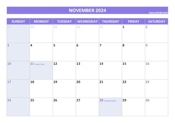 November calendar 2024 with holidays