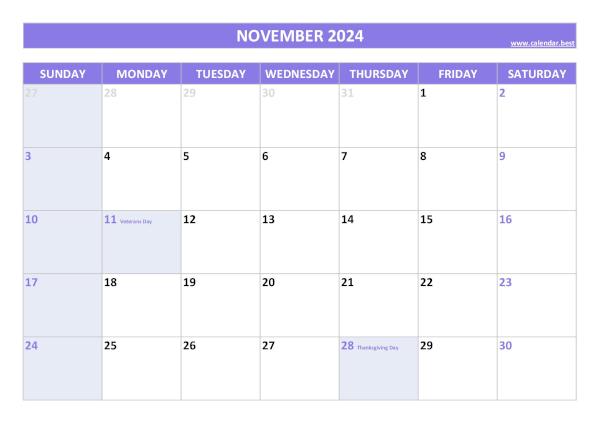 November 2024 calendar printable with federal holidays, free download, purple template November calendar 2024 with holidays