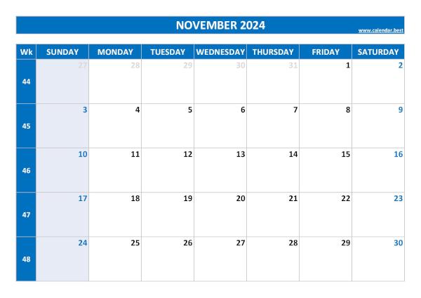 November 2024 calendar printable with week numbers, free download, blue template November calendar 2024 with week numbers