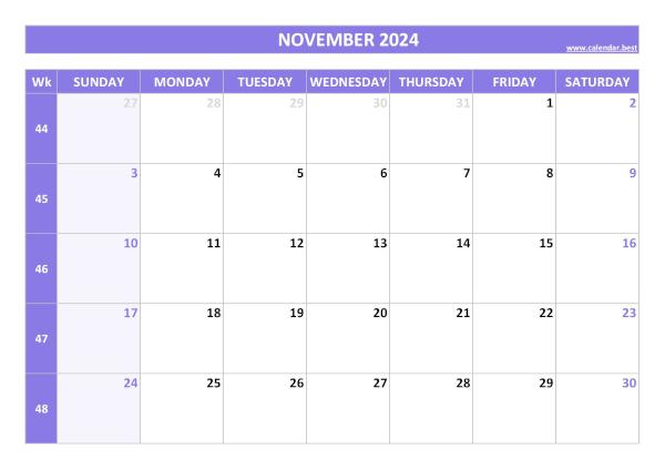 November calendar 2024 with week numbers