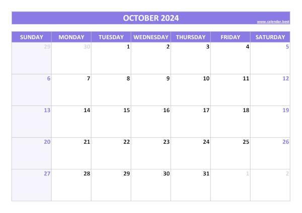 Blank monthly calendar : October 2024