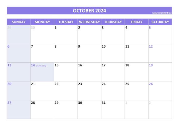 Printable monthly calendar with holidays, Month of October 2024, purple template October 2024 calendar with holidays