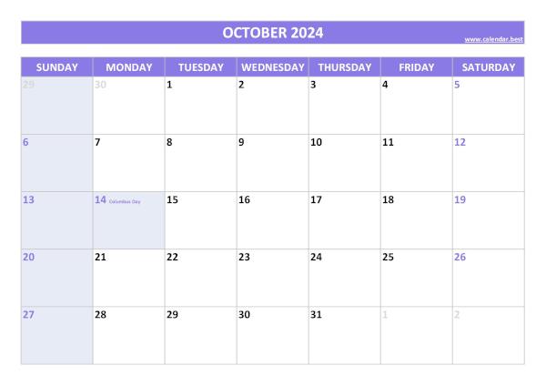 October calendar 2024 with holidays