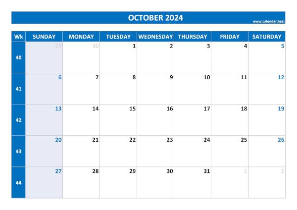 October calendar 2024 with week numbers