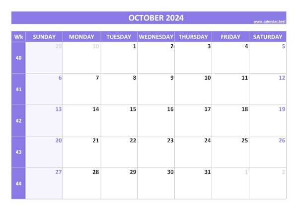 October 2024 calendar with weeks