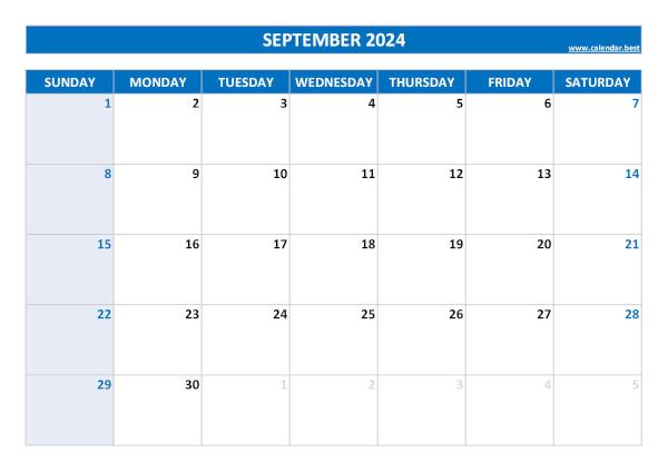 Blank monthly calendar : September 2024