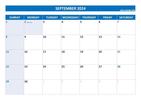 Printable monthly calendar with holidays, Month of September 2024, blue template September 2024 calendar with holidays