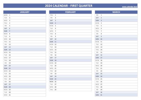 Printable quarterly calendar N°1 2024 (January, February and March 2024)