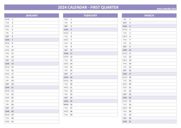 Printable quarterly calendar N°1 2024 (January, February and March 2024)