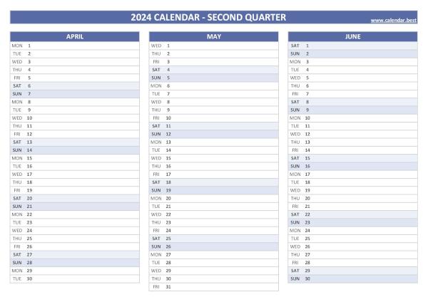 Blank calendar for second quarter 2024