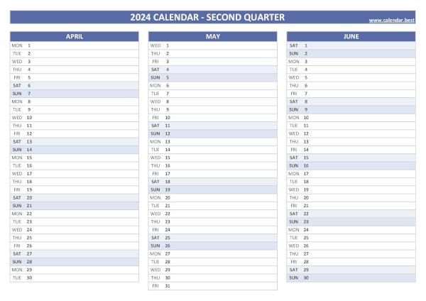 Printable quarterly calendar N°2 2024 (April, May and June 2024)