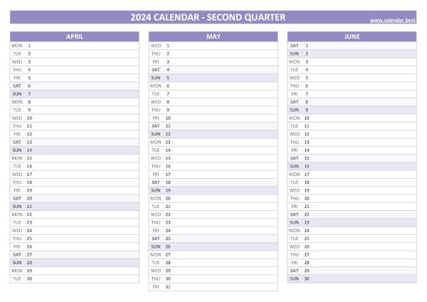 Blank calendar for second quarter 2024