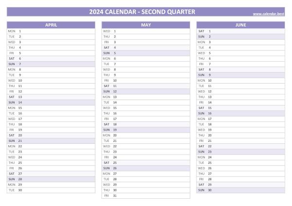 Printable quarterly calendar N°2 2024 (April, May and June 2024)