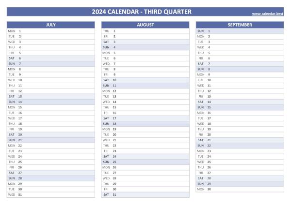 Printable quarterly calendar N°3 2024 (July, August and September 2024)