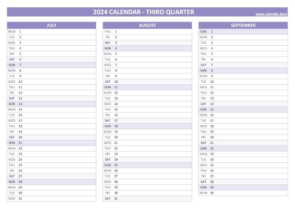 Printable quarterly calendar N°3 2024 (July, August and September 2024)