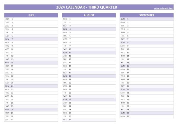 Blank calendar for third quarter 2024