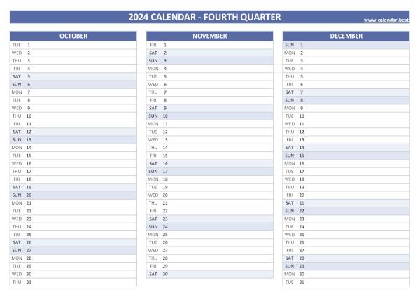 Blank calendar for fourth quarter 2024