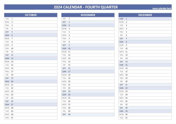 Printable quarterly calendar N°4 2024 (October, November and December 2024)