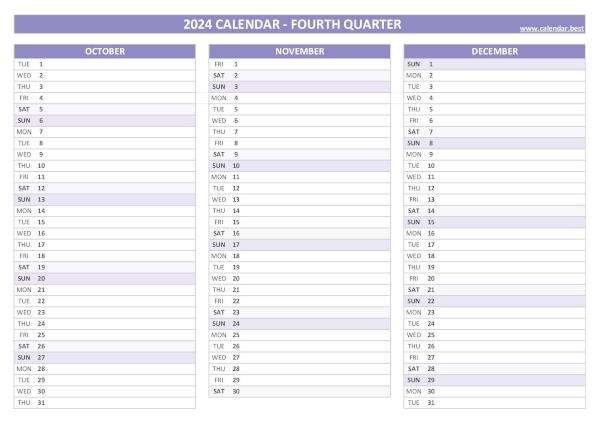 Printable quarterly calendar N°4 2024 (October, November and December 2024)