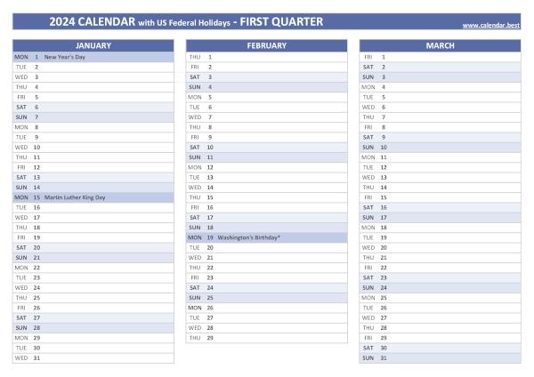 Printable 1st quarter 2024 calendar with public holidays, blue template Calendar for the first quarter of 2024 with public holidays